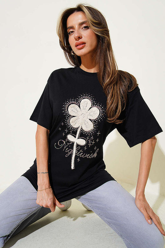T-shirt noir à fleurs en guipure avec pierres