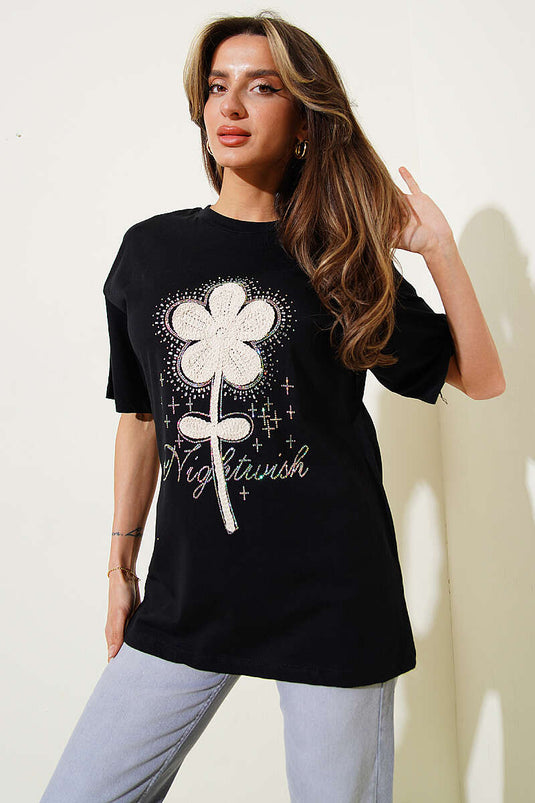T-shirt noir à fleurs en guipure avec pierres