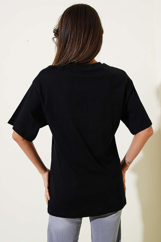 T-shirt noir à fleurs en guipure avec pierres