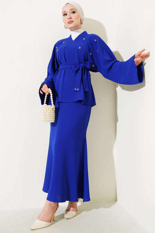 Abito due pezzi con gonna impreziosita da perle di pietra Saxe