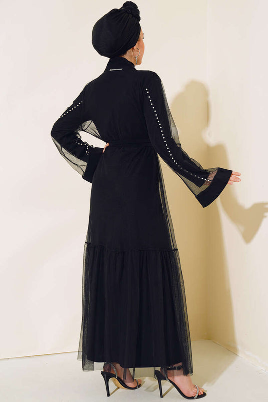 Stone Layered Tulle Abaya Black