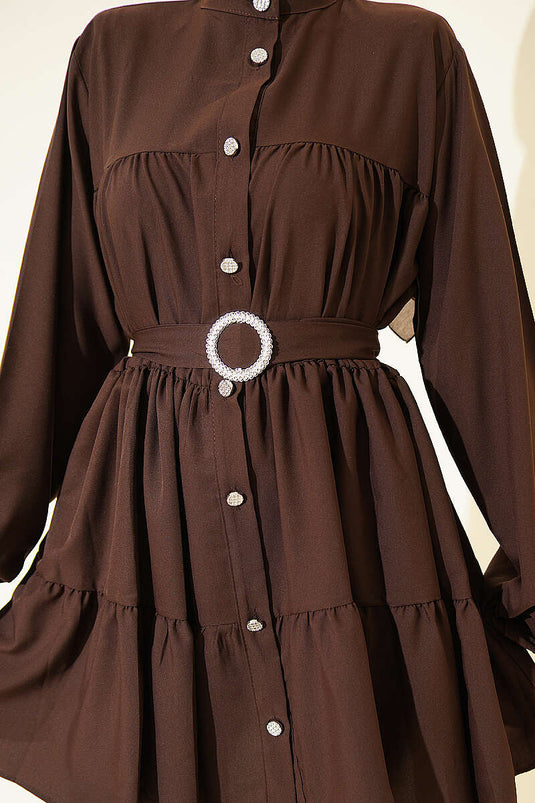 Chemise superposée à ceinture à boucle ornée de pierres, couleur café