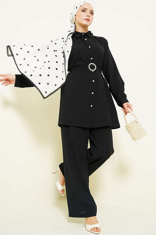 Ensemble double ceinture à boucle avec ceinture ornée de pierres, noir