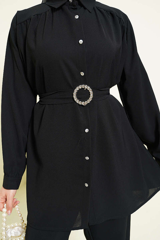 Ensemble double ceinture à boucle avec ceinture ornée de pierres, noir