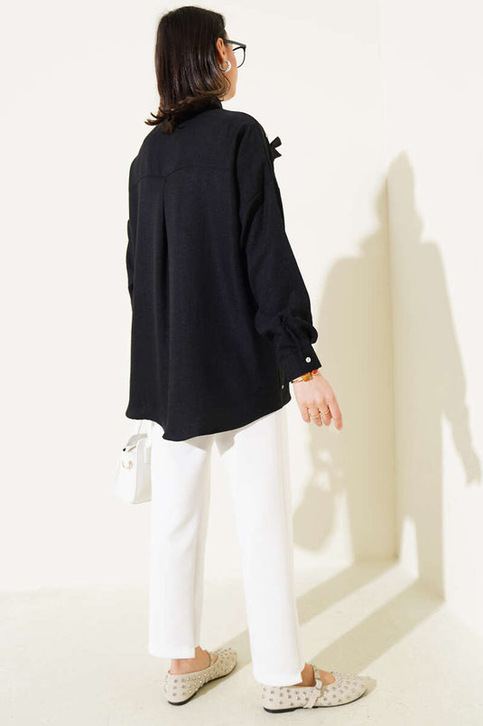 Stoned Ribbon Bow Shirt Black