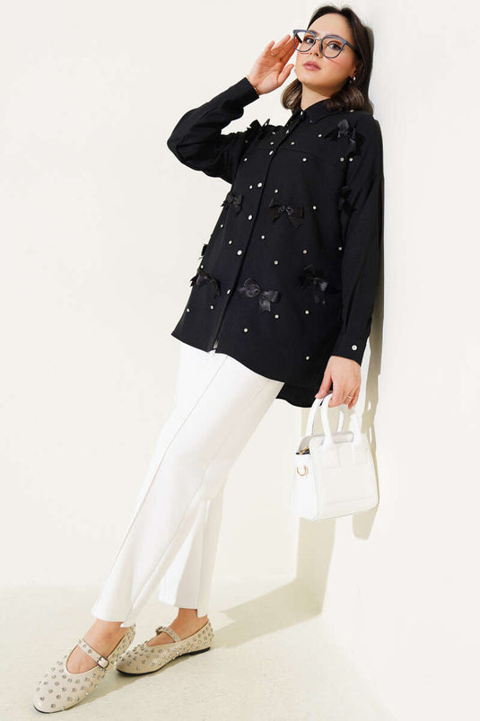 Stoned Ribbon Bow Shirt Black