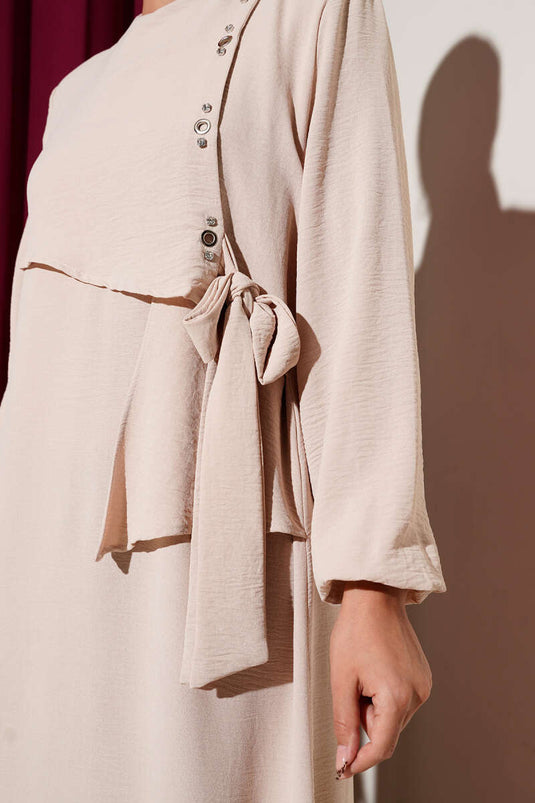 Beige Lace Dress with Eyelet Detail and Stones