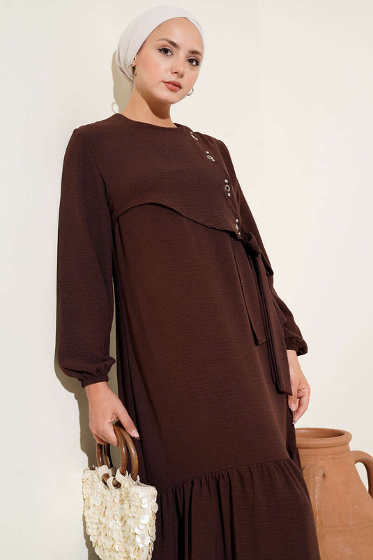 Abito annodato con dettaglio in occhio di uccello in pietra, marrone