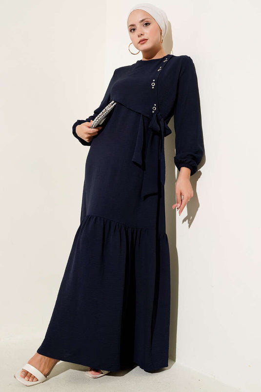 Tied Dress with Stoned Bird Eye Detail, Navy Blue