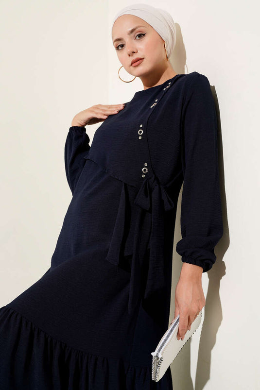 Tied Dress with Stoned Bird Eye Detail, Navy Blue