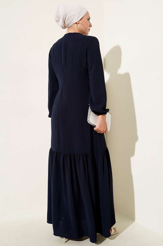 Tied Dress with Stoned Bird Eye Detail, Navy Blue