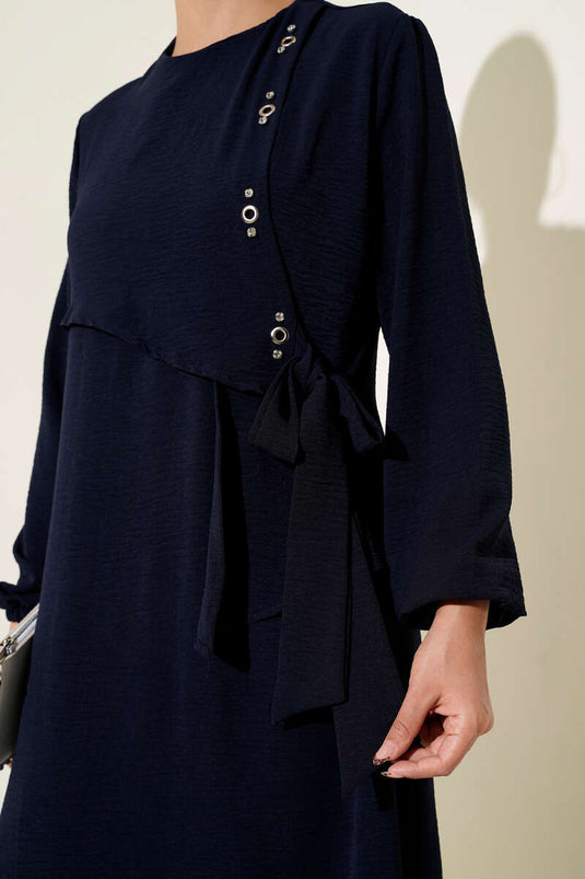 Tied Dress with Stoned Bird Eye Detail, Navy Blue