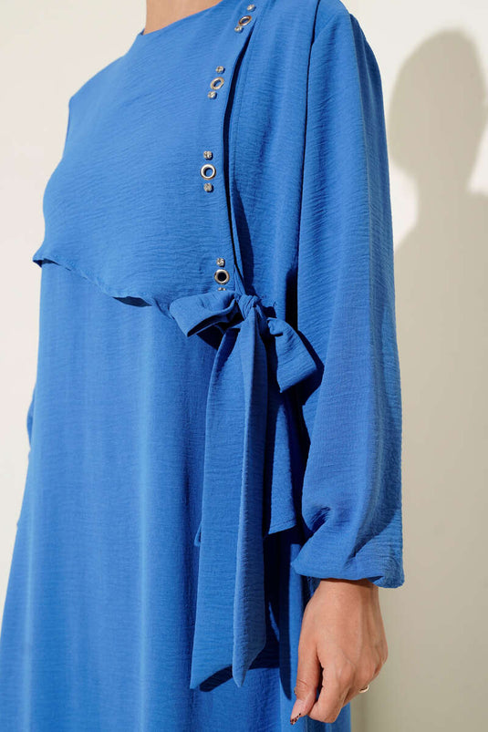 Tied Dress with Stoned Bird Eye Detail Blue