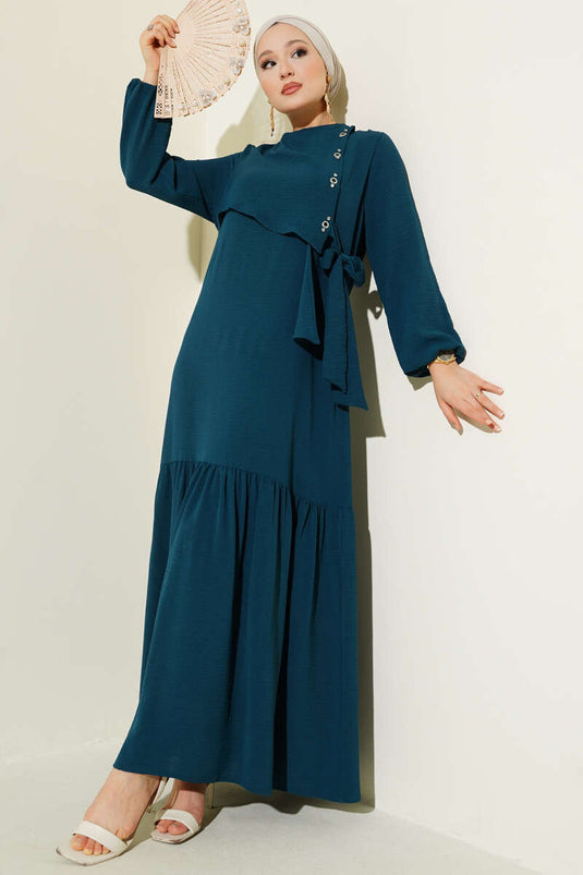 Stoned Eyelet Detailed Tie Dress Petrol