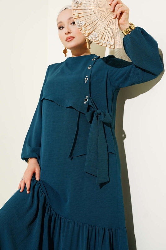 Stoned Eyelet Detailed Tie Dress Petrol