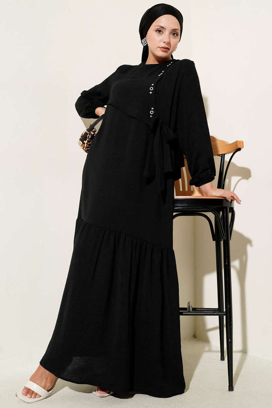 Taşlı Kuş Gözü Detaylı Bağlamalı Elbise Siyah