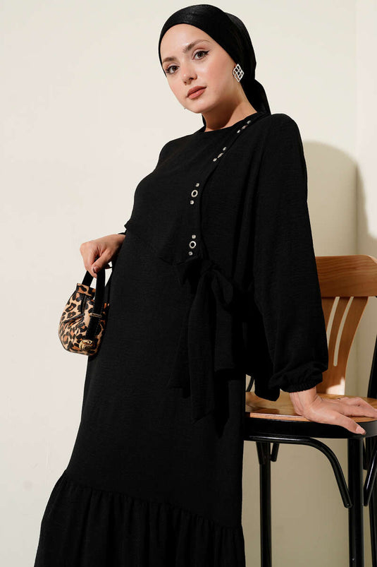 Taşlı Kuş Gözü Detaylı Bağlamalı Elbise Siyah