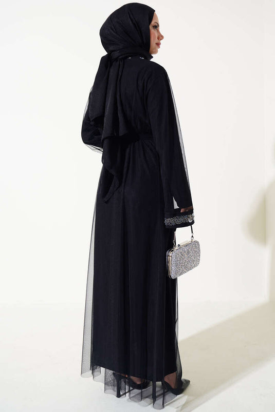 Stone Belted Abaya Black