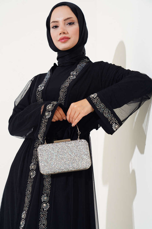 Taşlı Kuşaklı Abaya Siyah
