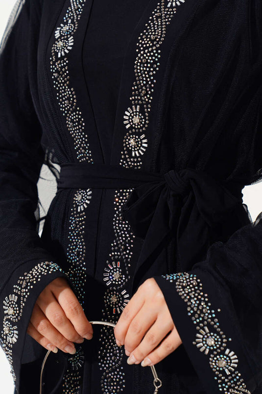 Stone Belted Abaya Black