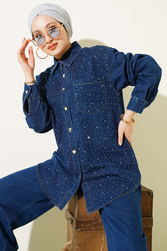 Taşlı Metal Düğmeli Kot İkili Takım Mavi