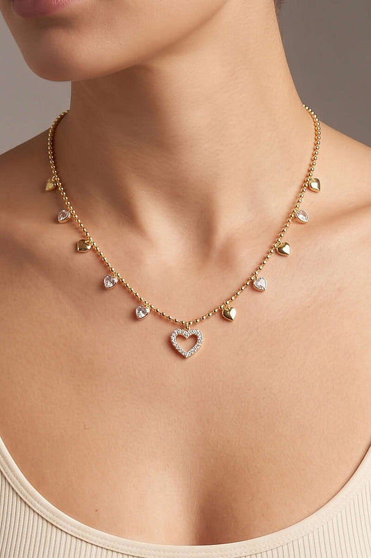 Taşlı Mini Kalpli Kolye Gold
