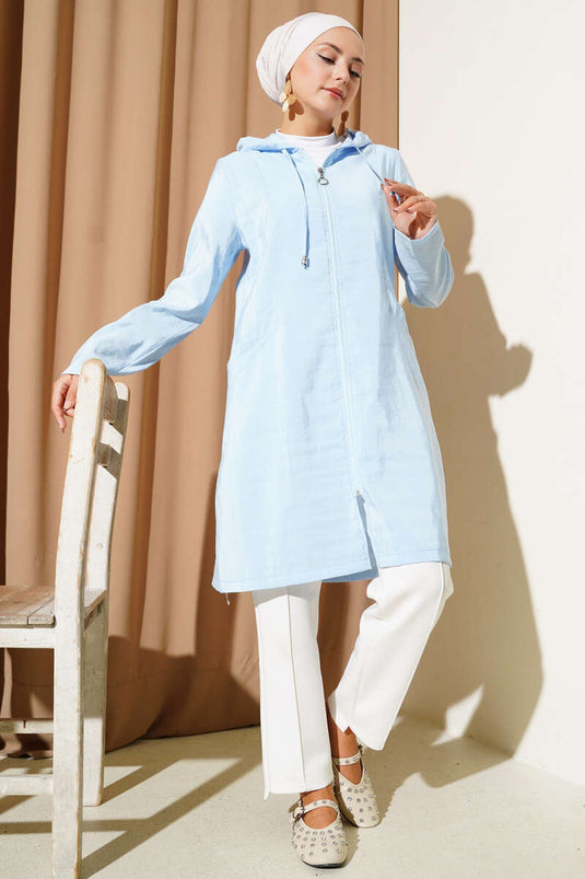 Stone Embroidery Detailed Hooded Cap Baby Blue