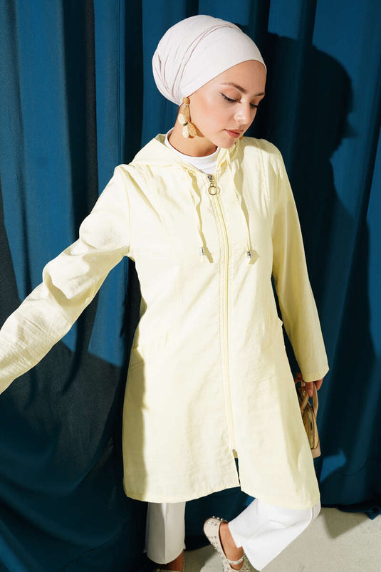 Stone Embroidery Detailed Hooded Cap Yellow