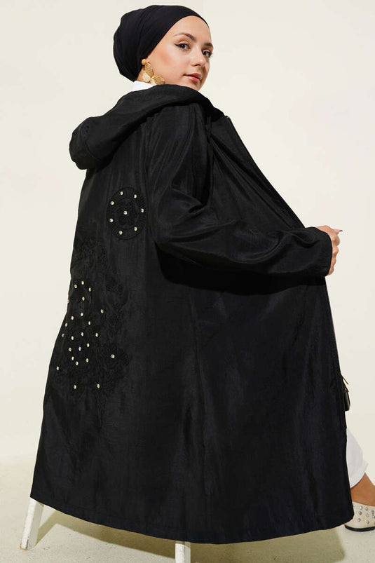 Stone Embroidery Detailed Hooded Cap Black