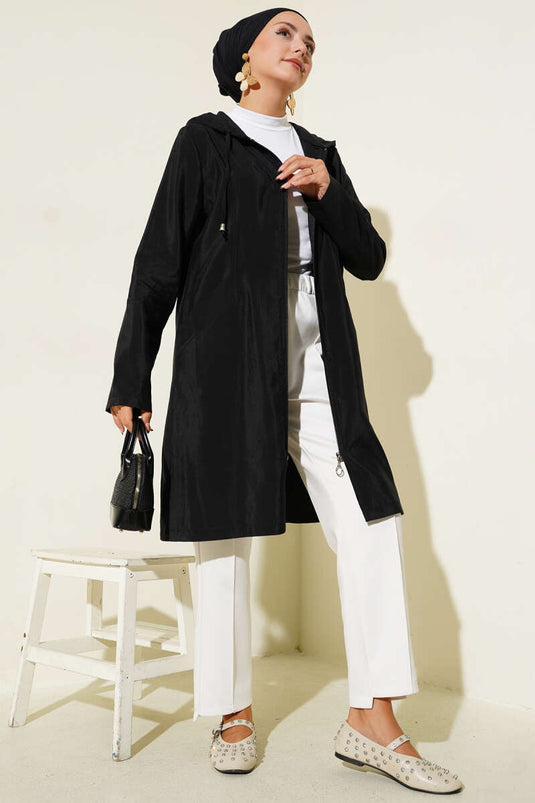 Stone Embroidery Detailed Hooded Cap Black