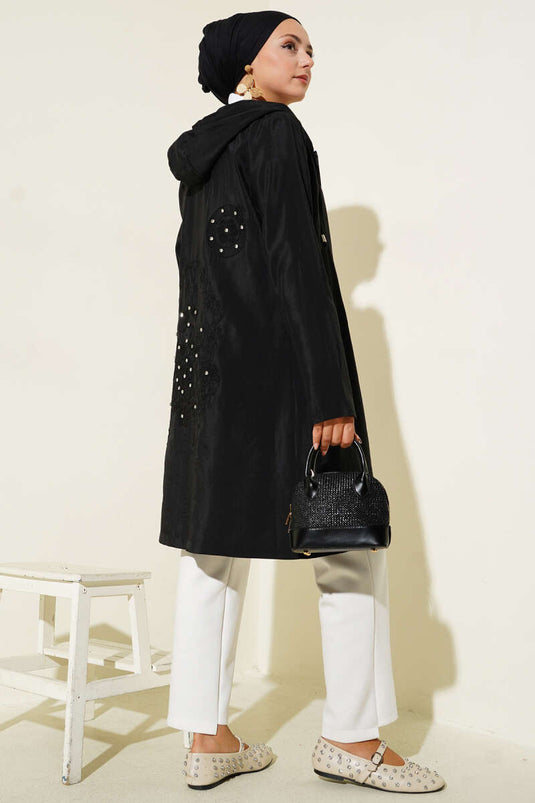 Stone Embroidery Detailed Hooded Cap Black