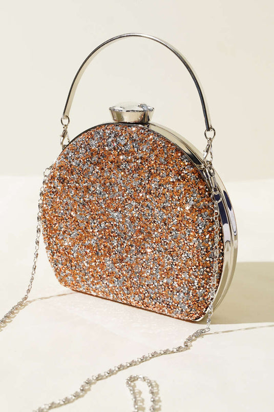 حقيبة سهرة بيضاوية الشكل مزينة بأحجار الراين، لون نحاسي