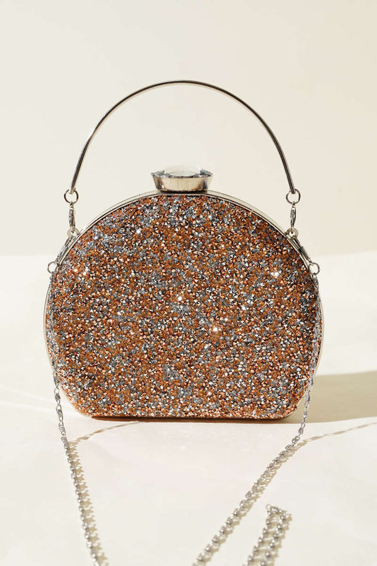 حقيبة سهرة بيضاوية الشكل مزينة بأحجار الراين، لون نحاسي