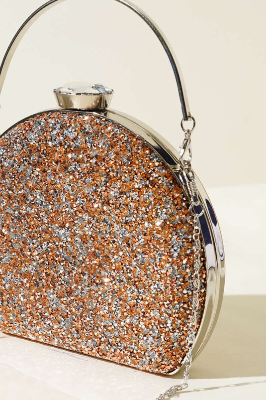 حقيبة سهرة بيضاوية الشكل مزينة بأحجار الراين، لون نحاسي