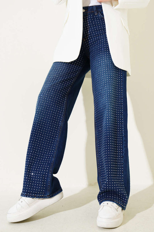 Stoned Palazzo Jeans Navy Blue