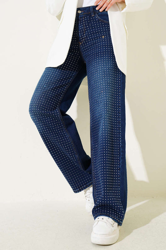 Stoned Palazzo Jeans Navy Blue