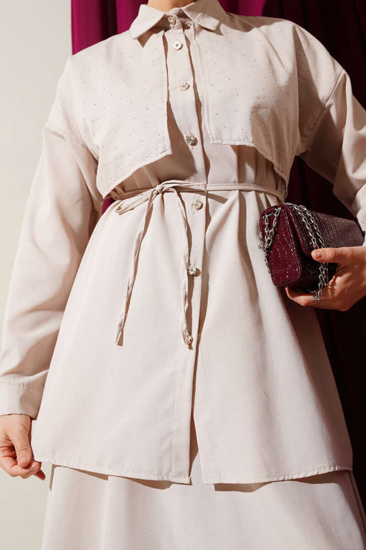 Stoned Cape and Skirt Two-Piece Suit Beige