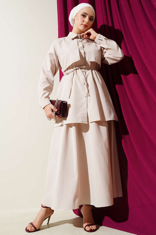 Stoned Cape and Skirt Two-Piece Suit Beige