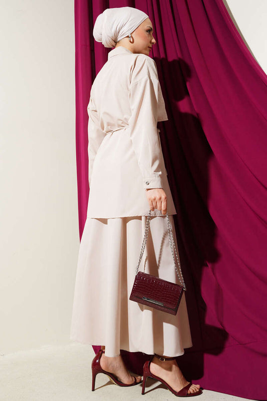 Stoned Cape and Skirt Two-Piece Suit Beige