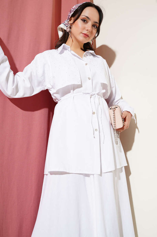 Stoned Cape and Skirt Two Piece Suit White