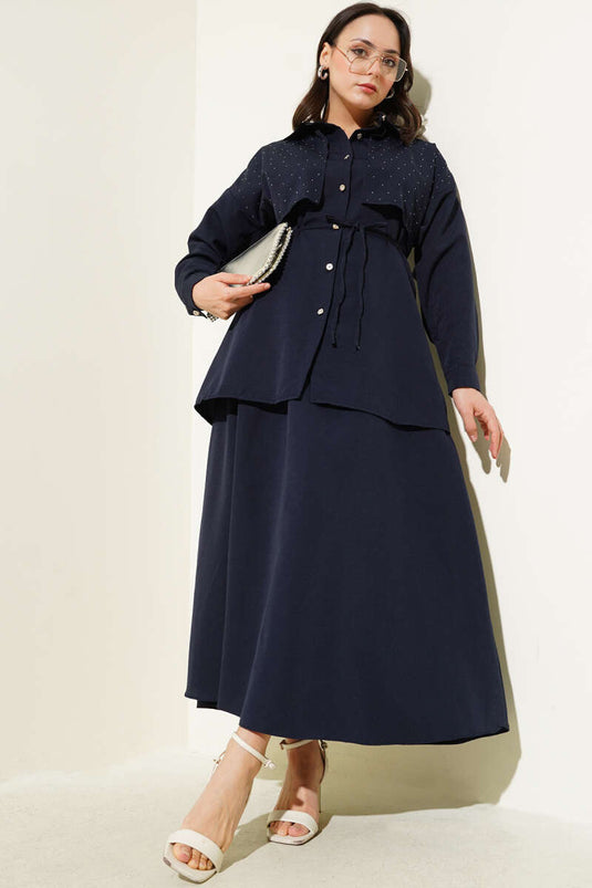 Stoned Cape and Skirt Two-Piece Suit Navy Blue