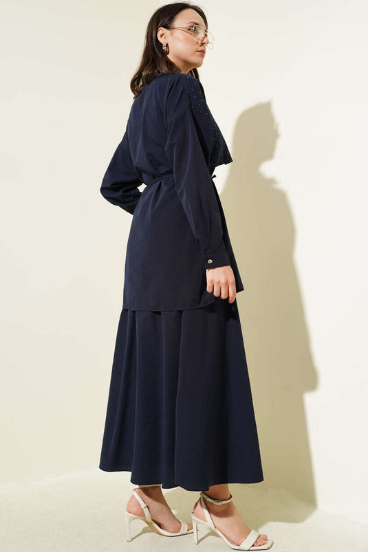 Stoned Cape and Skirt Two-Piece Suit Navy Blue