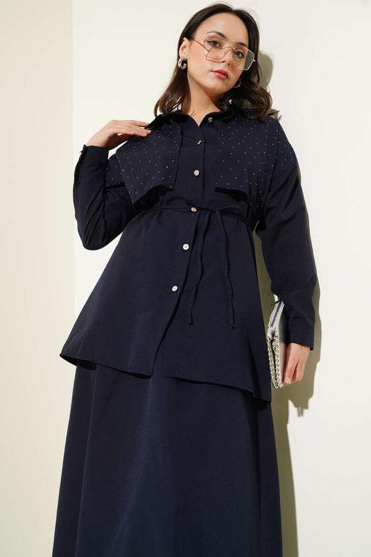 Stoned Cape and Skirt Two-Piece Suit Navy Blue