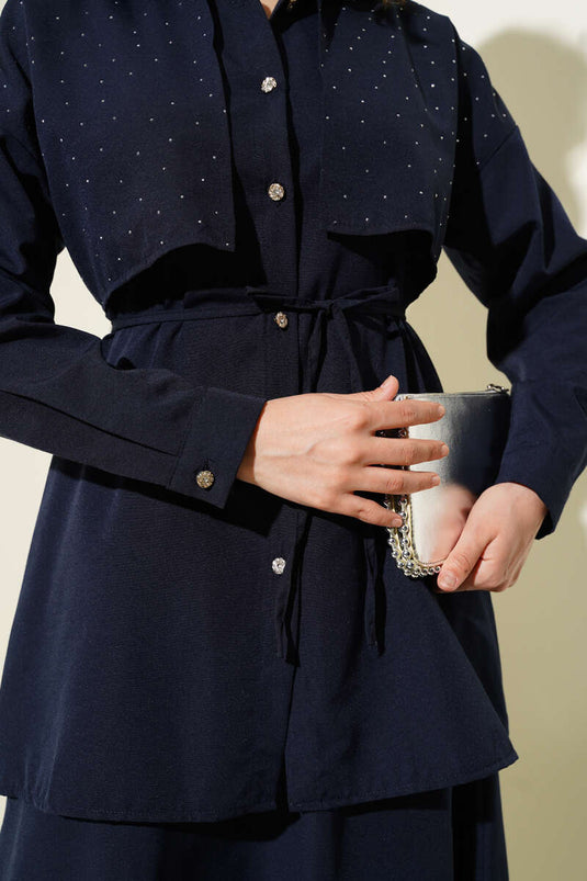 Stoned Cape and Skirt Two-Piece Suit Navy Blue