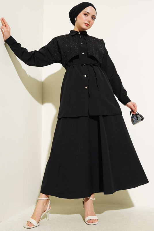 Stoned Cape and Skirt Two Piece Suit Black