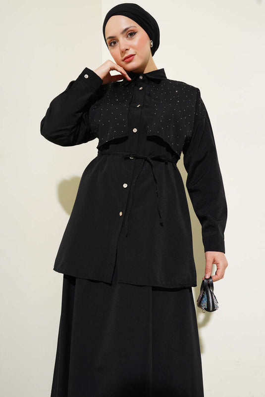 Stoned Cape and Skirt Two Piece Suit Black