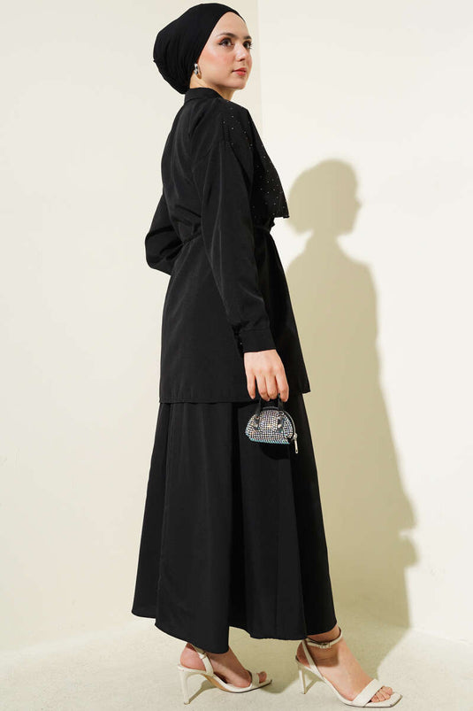 Stoned Cape and Skirt Two Piece Suit Black