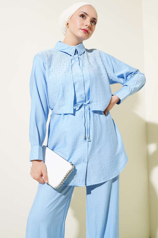 Taşlı Pelerinli İkili Takım Mavi