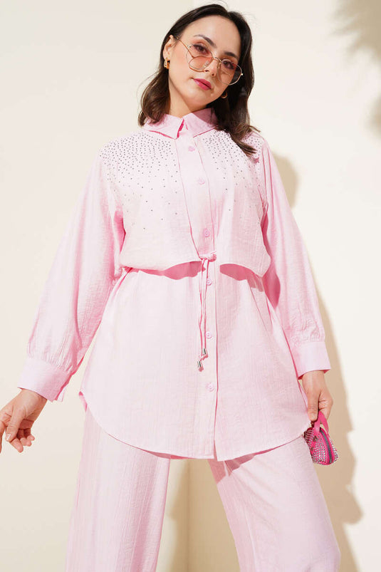 Stoned Cape Two Piece Suit Pink