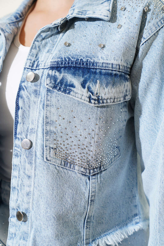 Stoned Tassel Short Denim Jacket Blue